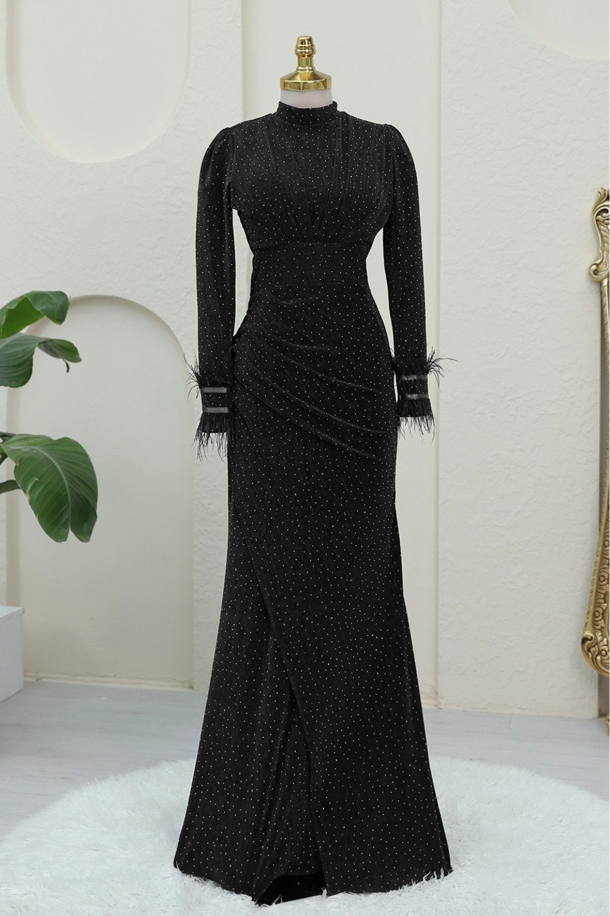 Evening Dress with Feathered Sleeves and Double Tail in Front -Black