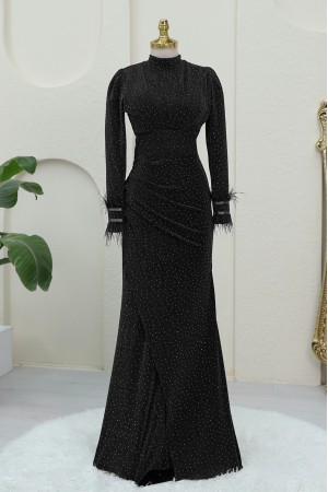 Kolu Tüylü Önü Çift Kuyruklu Abiye -Siyah