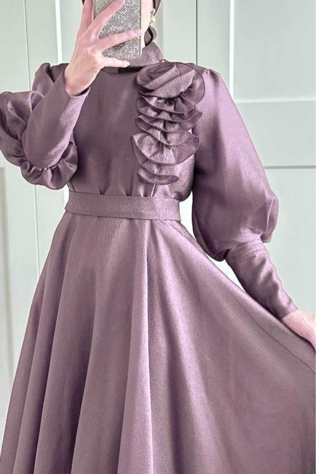 Balloon Sleeve Lined Evening Dress with Rose Detail -Lilac