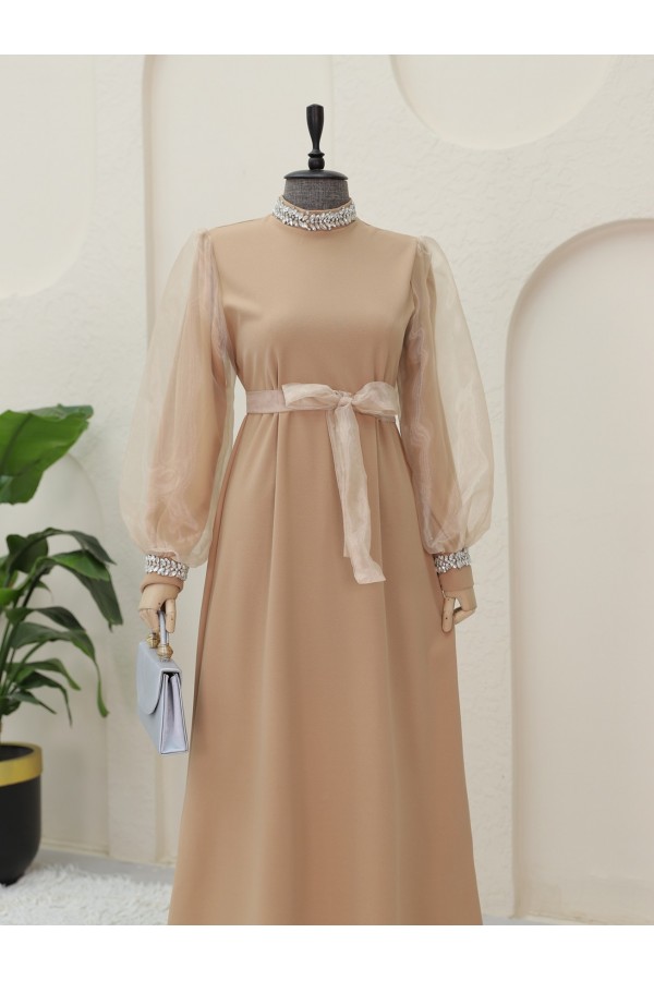 Organza Sleeve Dress with Stoned Collar and Sleeves and Lace -Mink color
