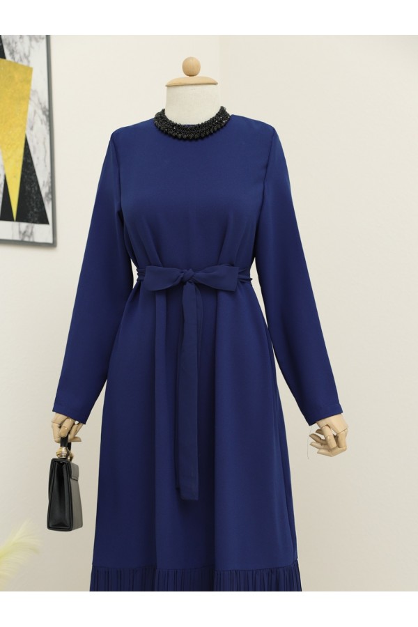 Belted Dress with Pleated Lace Skirt -İndigo