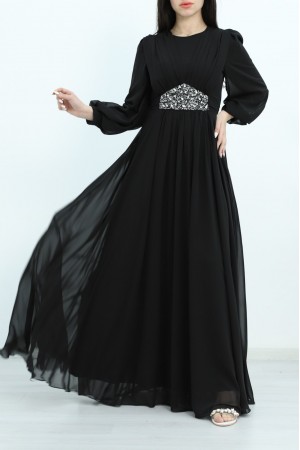 Draped Front, Tied Waist Stone Detailed Evening Dress -Black