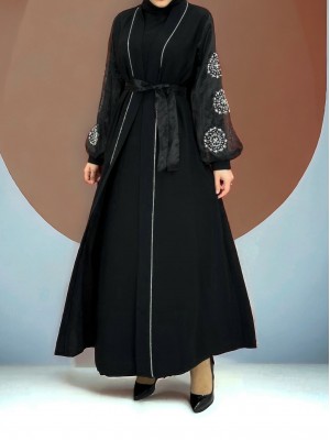 Kolları İnci Taş Detaylı Tesettür Abaya -Siyah
