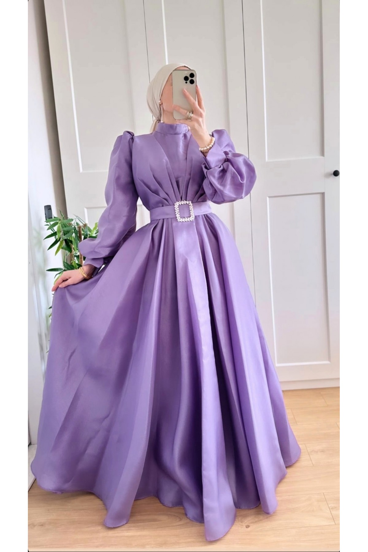 Kemerli Tafta Prenses Abiye -Lila