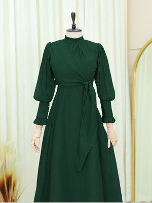 High Collar Side Tie Pleated Evening Dress  -Emerald