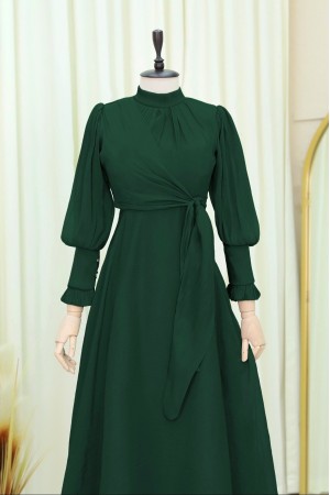 Dik Yaka Yandan Bağlamalı Janjanlı Abiye  -Zümrüt