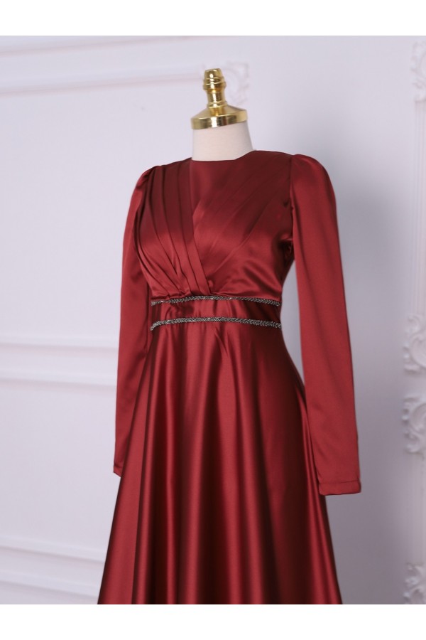 Front Draped Waist Beaded Satin Evening Dress -Red