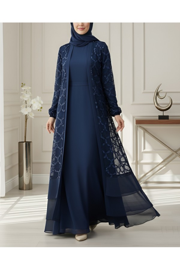 Sequined Double-Layered Belted Skirt Abaya -Navy blue