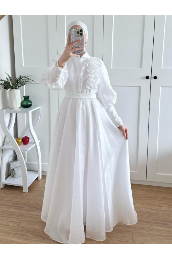 Balloon Sleeve Lined Evening Dress with Rose Detail -White