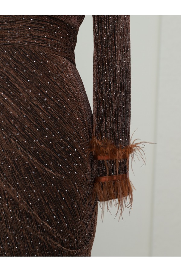 Evening Dress with Feathered Sleeves and Double Tail in Front -Brown