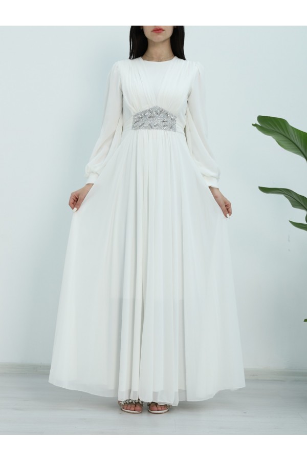 Draped Front, Tied Waist Stone Detailed Evening Dress -White