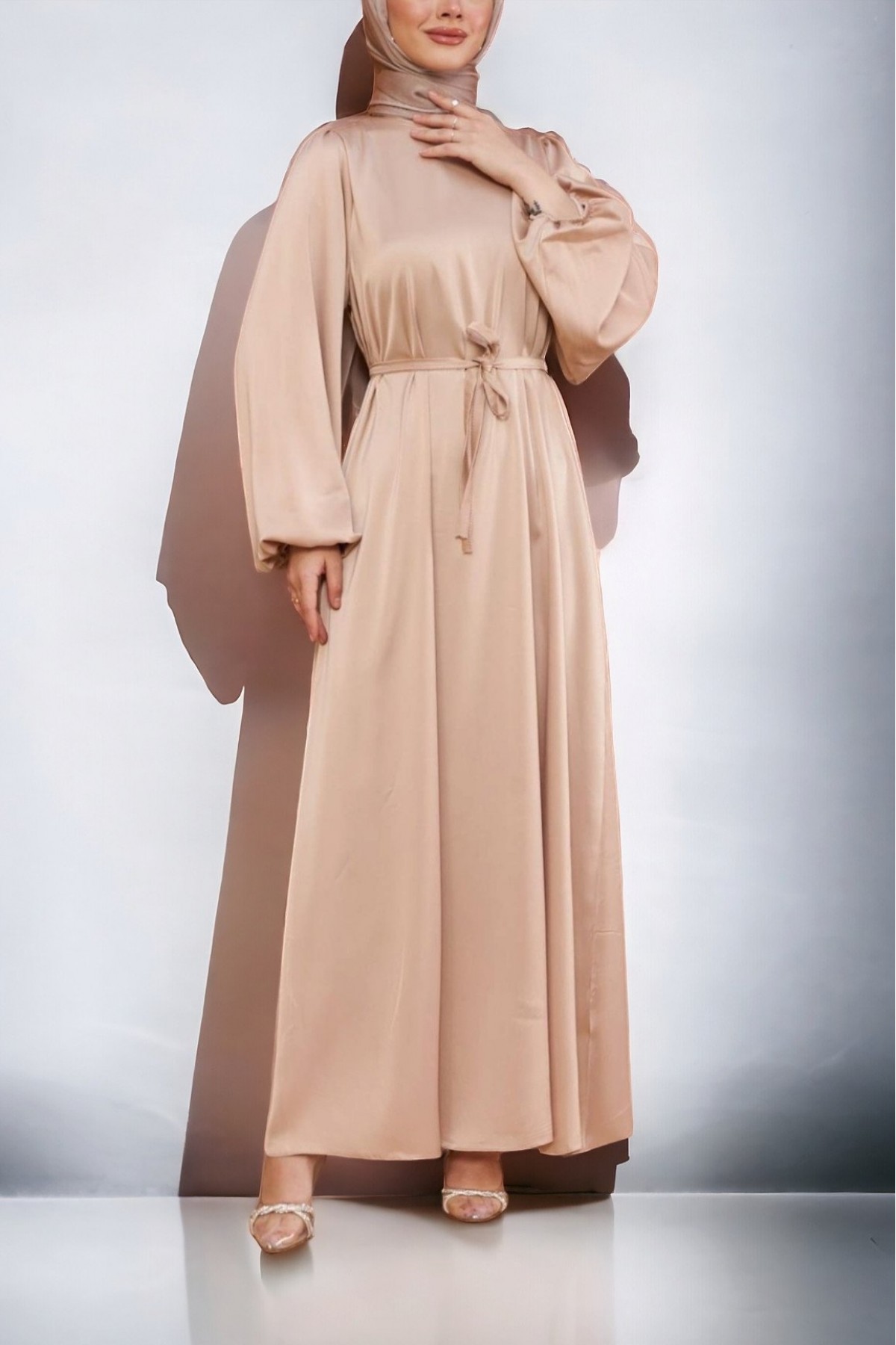 Tulle Balloon Sleeve Belted Satin Dress - Beige
