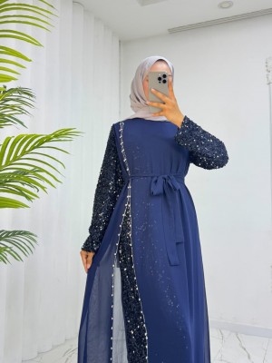 Kolları Pul Payet Kemerli Şifon Abiye  -Laci