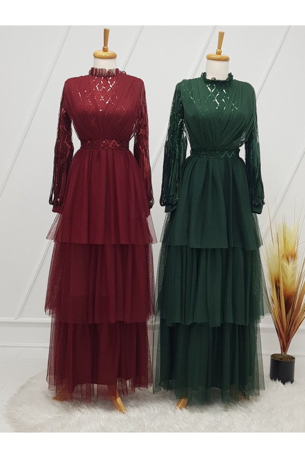Sequin Sleeve Tulle Evening Dress  -Emerald