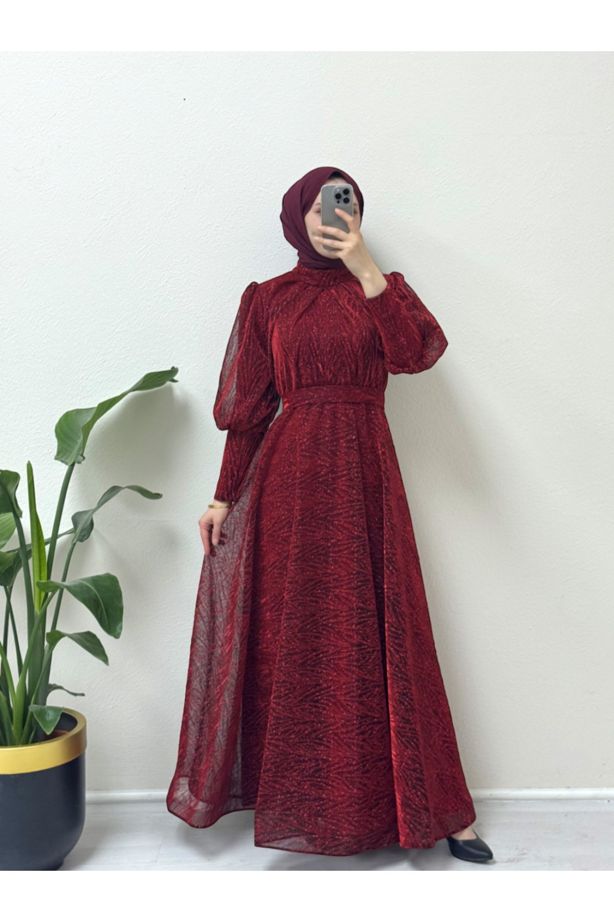 Magnificent Collar Balloon Sleeve Silvery Evening Dress  -Maroon