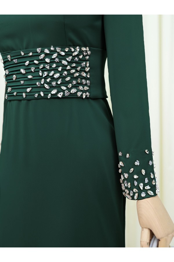 Corset Belted Stoned Satin Evening Dress -Emerald