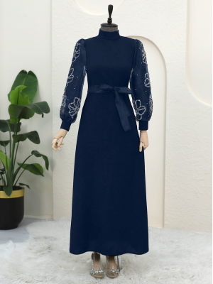 Dik Yaka Organze Kol Taş Detaylı Elbise  -Laci