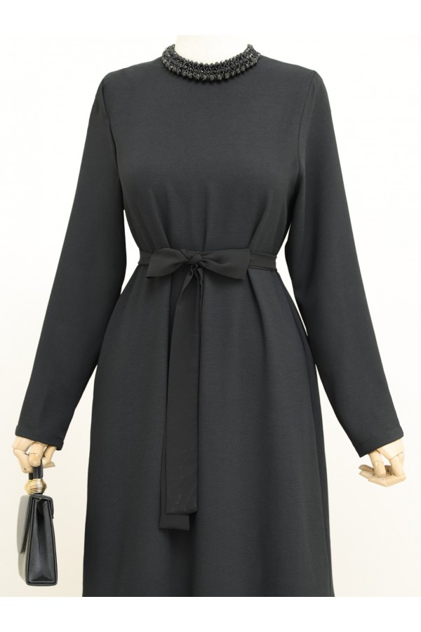 Belted Dress with Pleated Lace Skirt -Black