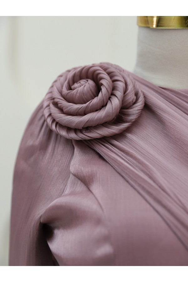 Chiffon Evening Dress with Rose Detail on Shoulder -Dried rose