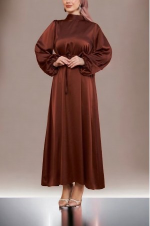 Tül Balon Kol Kemerli Saten Elbise -K. Kahve