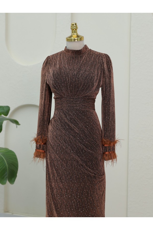 Evening Dress with Feathered Sleeves and Double Tail in Front -Brown