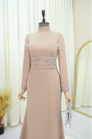 Korse Kemerli Taşlı Saten Abiye  -Açık Vizon