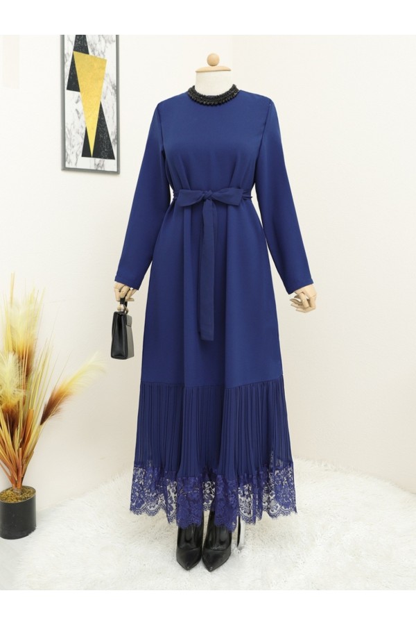 Belted Dress with Pleated Lace Skirt -İndigo
