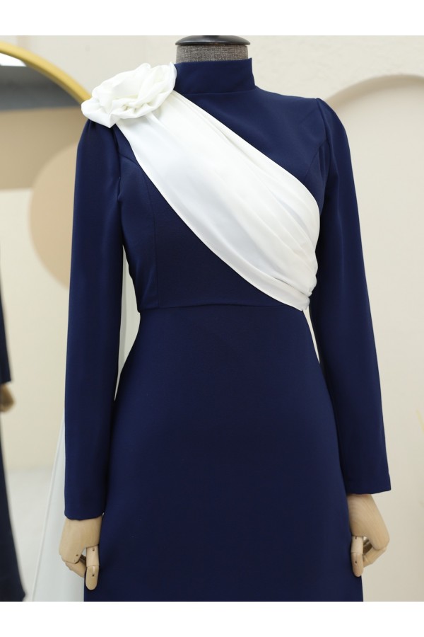Pleated Evening Dress with Rose Detail on the Shoulder -Navy blue