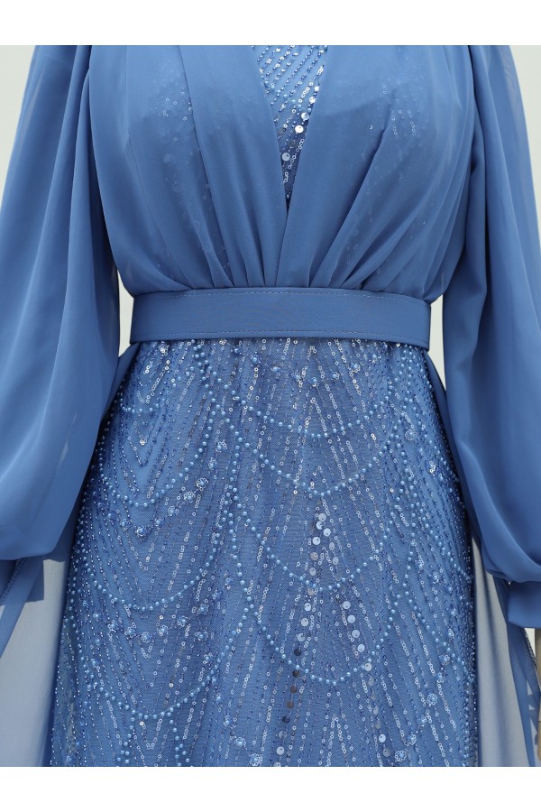 Beaded and Sequined Belted Chiffon Evening Dress -Blue