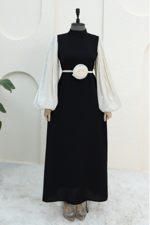 فستان وردي مرن بأكمام منفوخة وحزام  -أبيض سكري