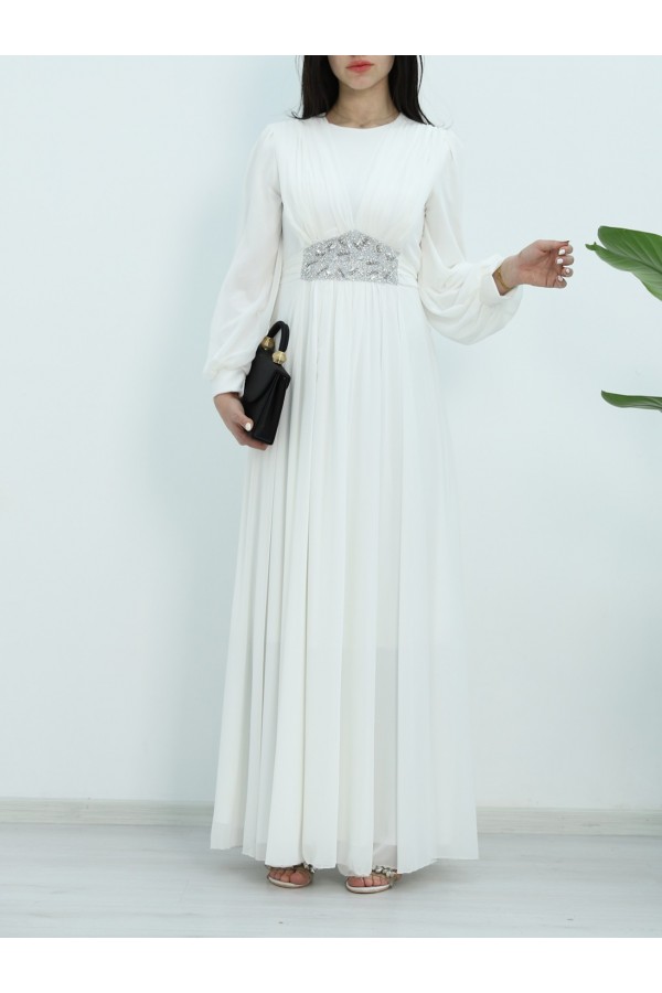 Draped Front, Tied Waist Stone Detailed Evening Dress -White