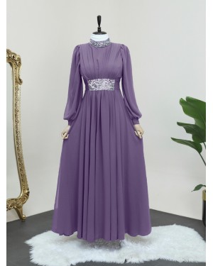 Chiffon Evening Dress with Stone Detail on Collar and Waist - Purple