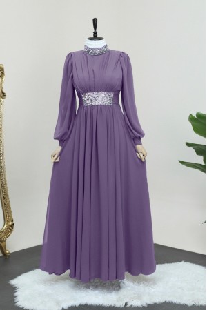 Yakası ve Beli Taş Detaylı Şifon Abiye -Mor