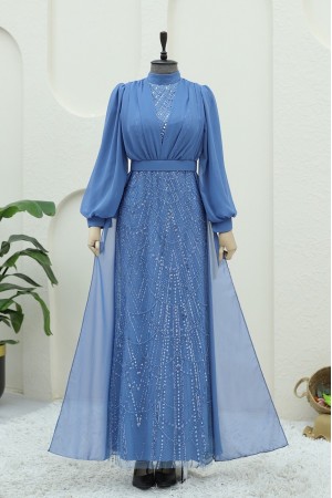 فستان سهرة شيفون مزين بالخرز والترتر مع حزام -أزرق