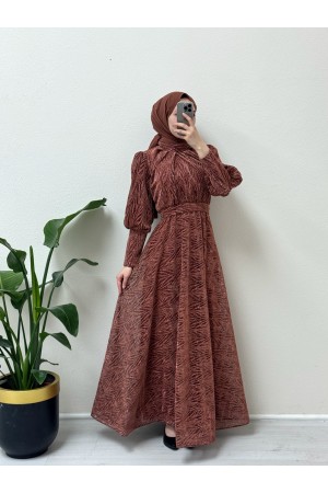 Hakim Yaka Balon Kol Simli Abiye  -Kiremit