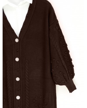 Kabartmalı Örgü Desenli Düğmeli Triko Hırka  -Kahve