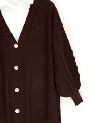 Kabartmalı Örgü Desenli Düğmeli Triko Hırka  -Kahve