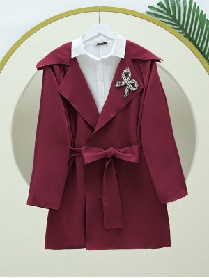 Yakası Taş Armalı Kemerli Scuba Kimono -Bordo
