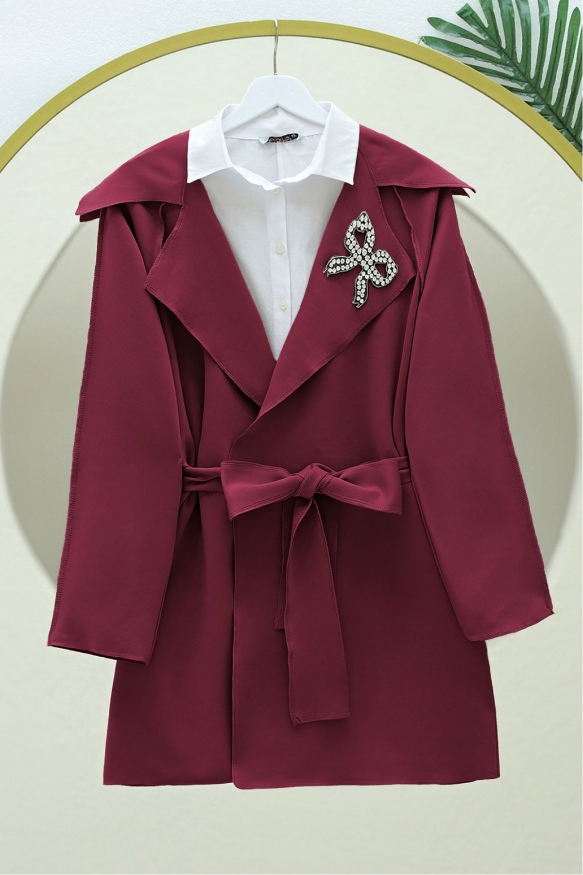 Scuba Kimono with Stone Crest and Belt -Maroon