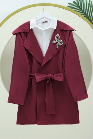 Yakası Taş Armalı Kemerli Scuba Kimono -Bordo