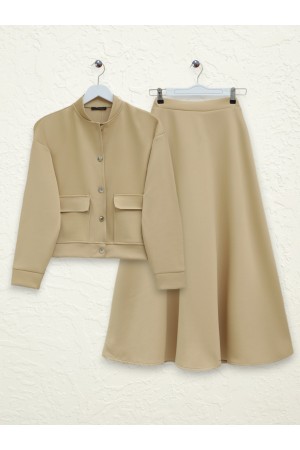 Çift Cepli Metal Düğmeli Etekli Scuba Takım -Vizon