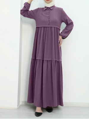 Partial Half Buttoned Sleeve Elastic Dress - Purple
