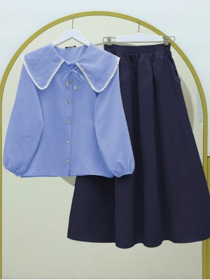 Bebe Yaka Dantelli Kolu Lastikli Gömlek -Mavi