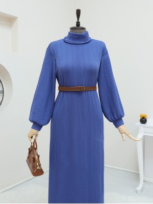 Turtleneck Belted Lycra Dress -İndigo