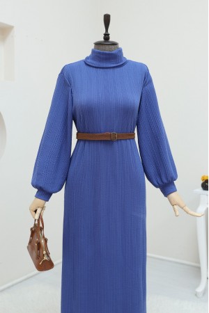 فستان ليكرا بحزام وياقة مدورة -اللون النيلي