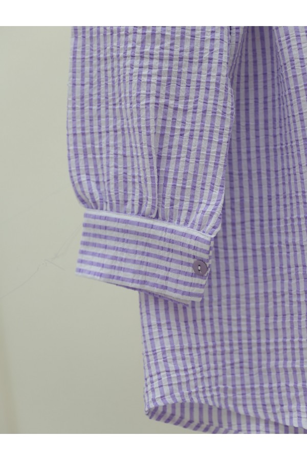 Buttoned Lace-Up Striped Crepe Shirt -Lilac