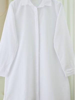 Gizli Düğmeli Oval Kesim Uzun Gömlek -Beyaz