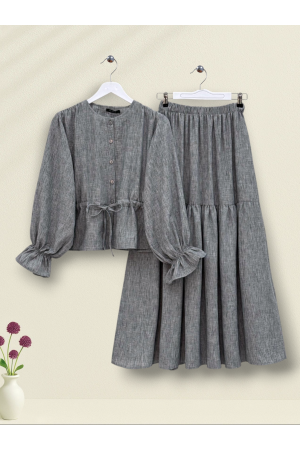 Önü Düğmeli Kolu Lastikli Tünel Bağcıklı Keten Takım -Gri