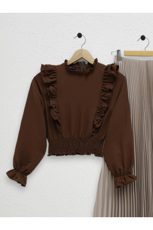 Robadan Fırfırlı Beli Büzgülü Ayrobin Bluz -Kahve