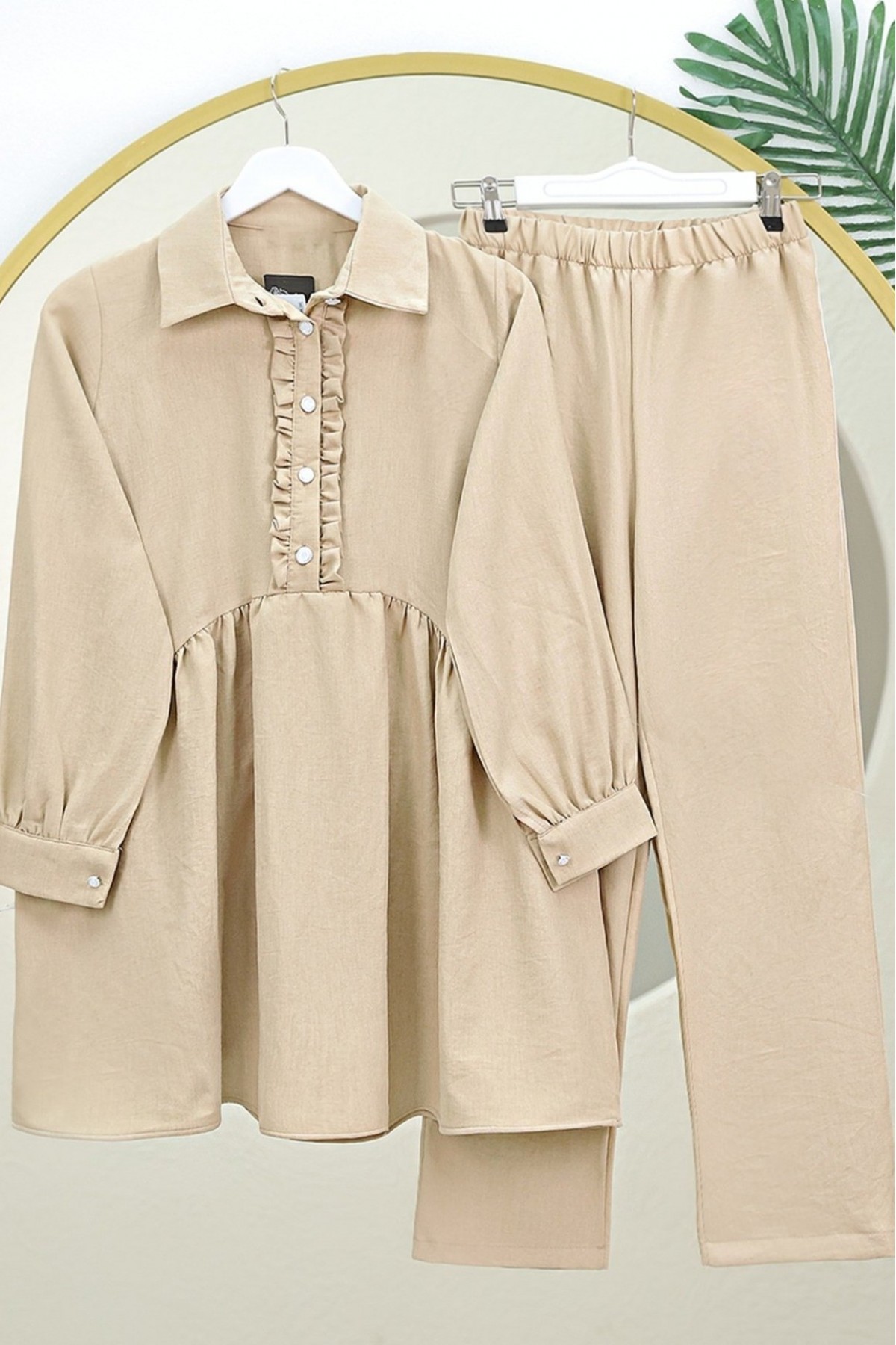 Half Buttoned Linen Suit with Ruffle Front - Beige